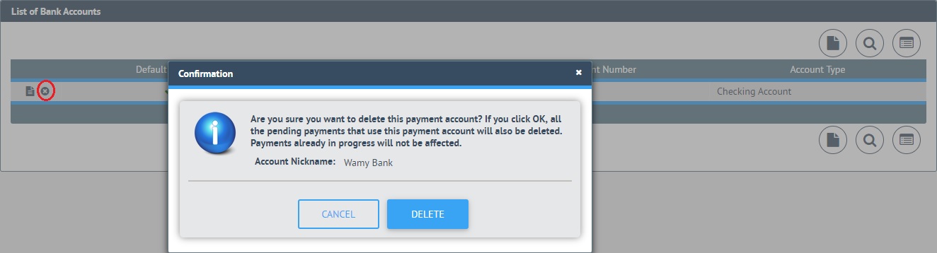 Delete Bank Account Confirmation
