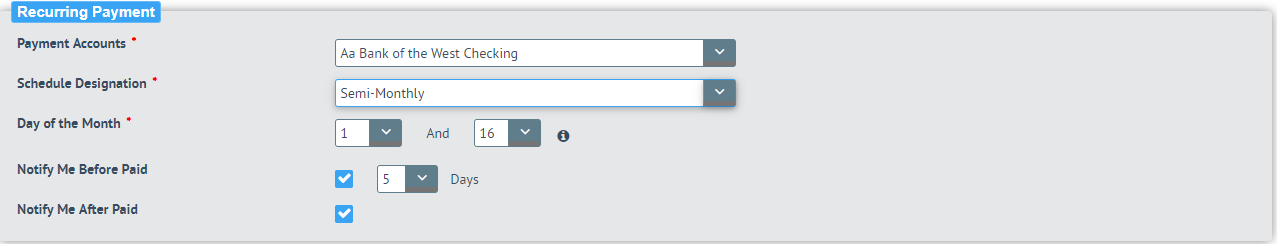 Recurring Semi-Monthly Payment Fields